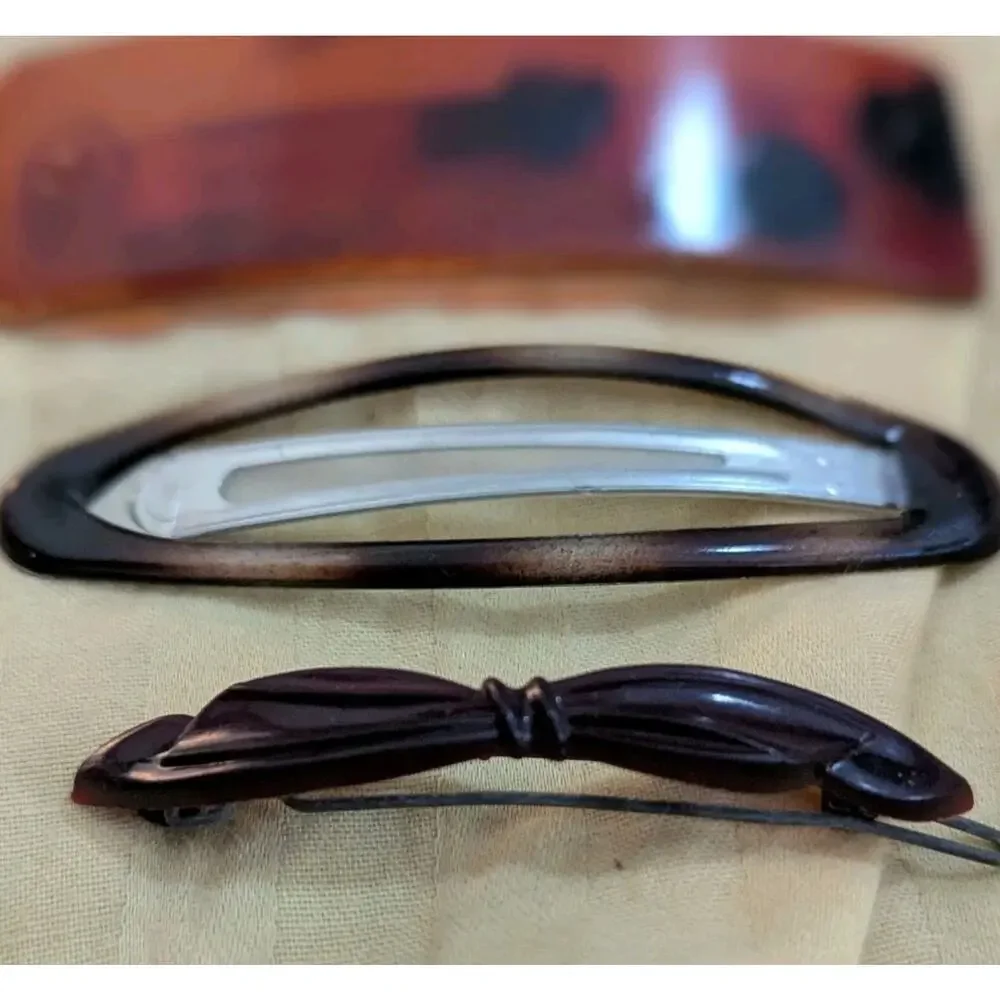 Set Of 3 Vintage 80s Goody Hair Clip Snap Tortoise Barrette Bow Brown Lot